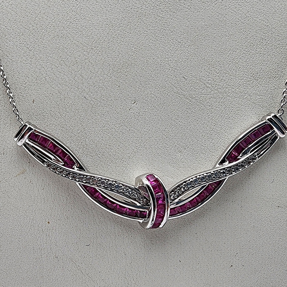 Elegant Ruby & White Sapphire Necklace .925 Sterling Silver 16.5" Chain